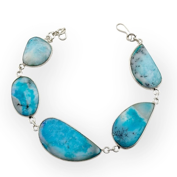 Marine Blue Dendritic Agate 925 Silver Plated Crystal Gemstone Bracelet - Picture 2 of 2